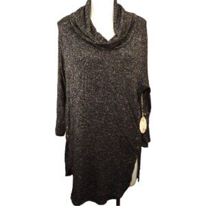 Misia Curvy Sweater Women Plus Size 1X Black Marled Cowl Hi-Lo Hem Slit Thin NEW